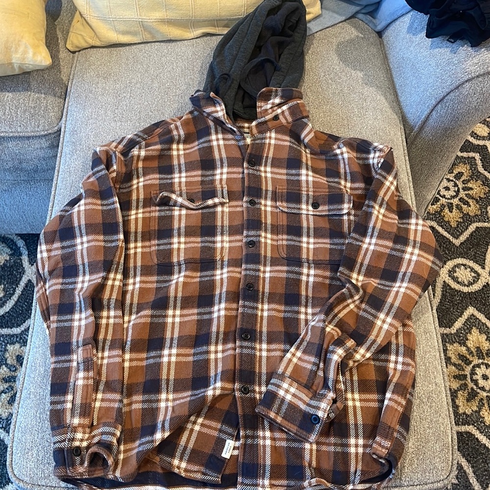 Tan and grey plaid flannel with hood. American eagle